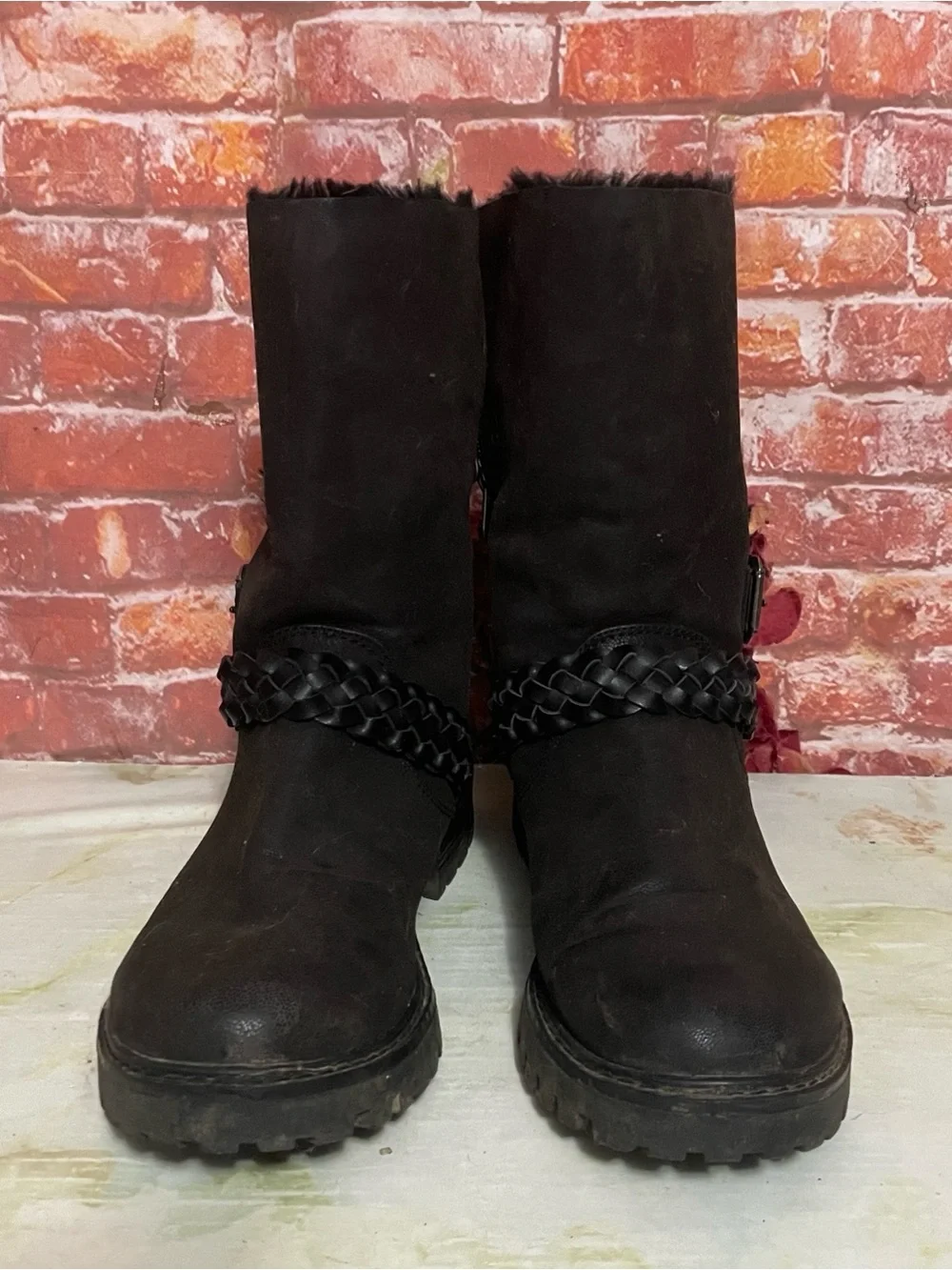 Blowfish Malibu Black Fur Lined Mid-calf Moto Boots